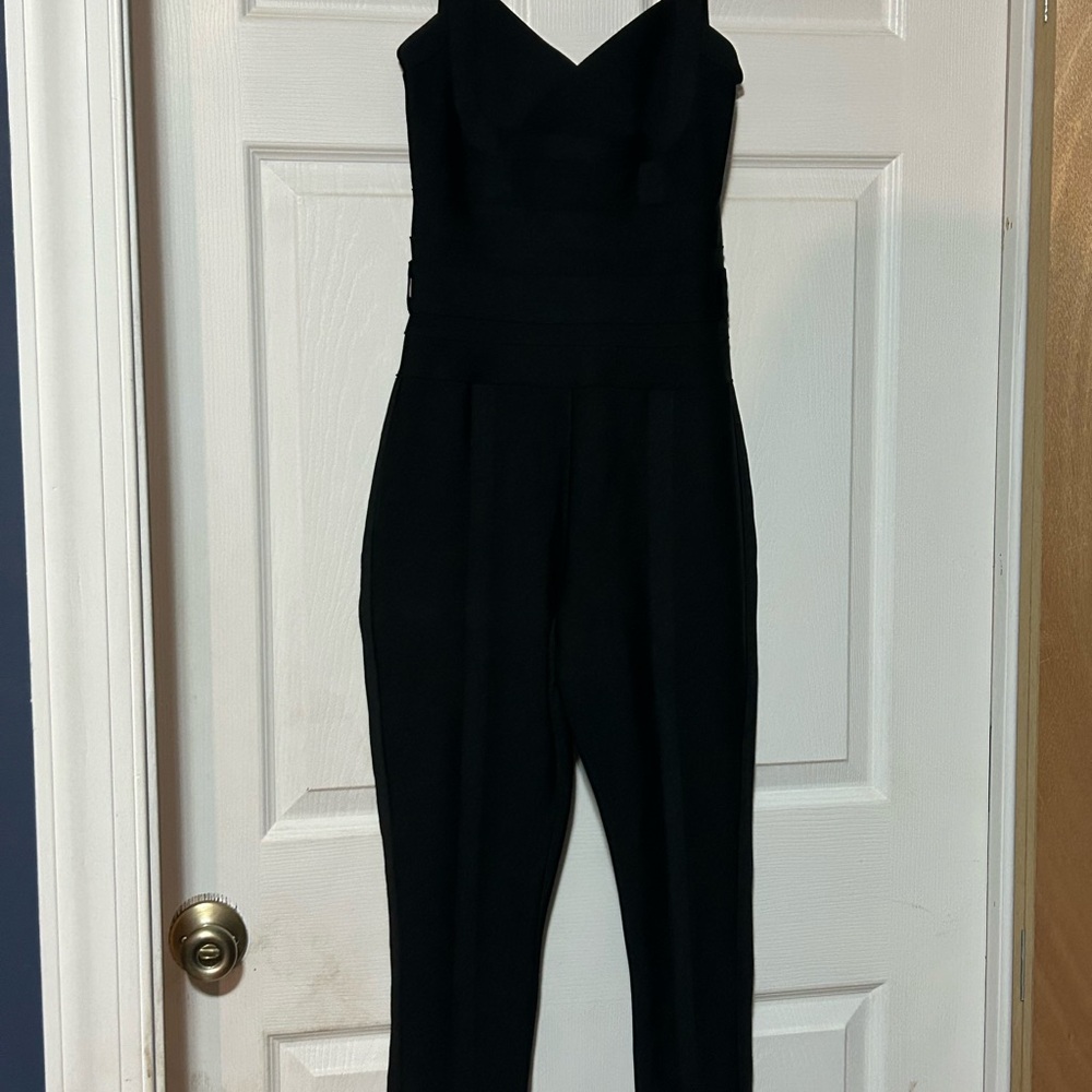Bodycon Black Jumpsuit with Spaghetti Straps and Plunging Neckline